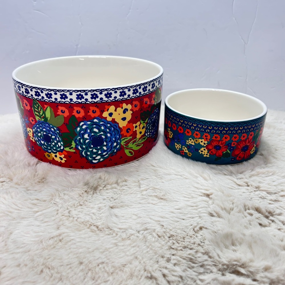 Pioneer Woman Nesting Bowls Floral Stoneware Set of 2 Red‎ Blue Kitchen Decor